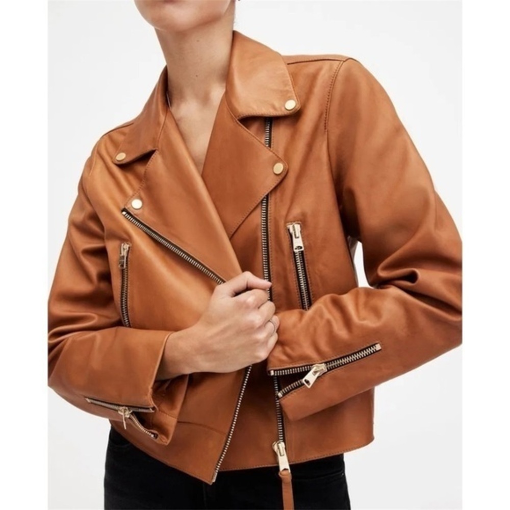 NWT AllSaints Dalby Slim Fit Leather Biker Jacket Cognac Brown Size 2